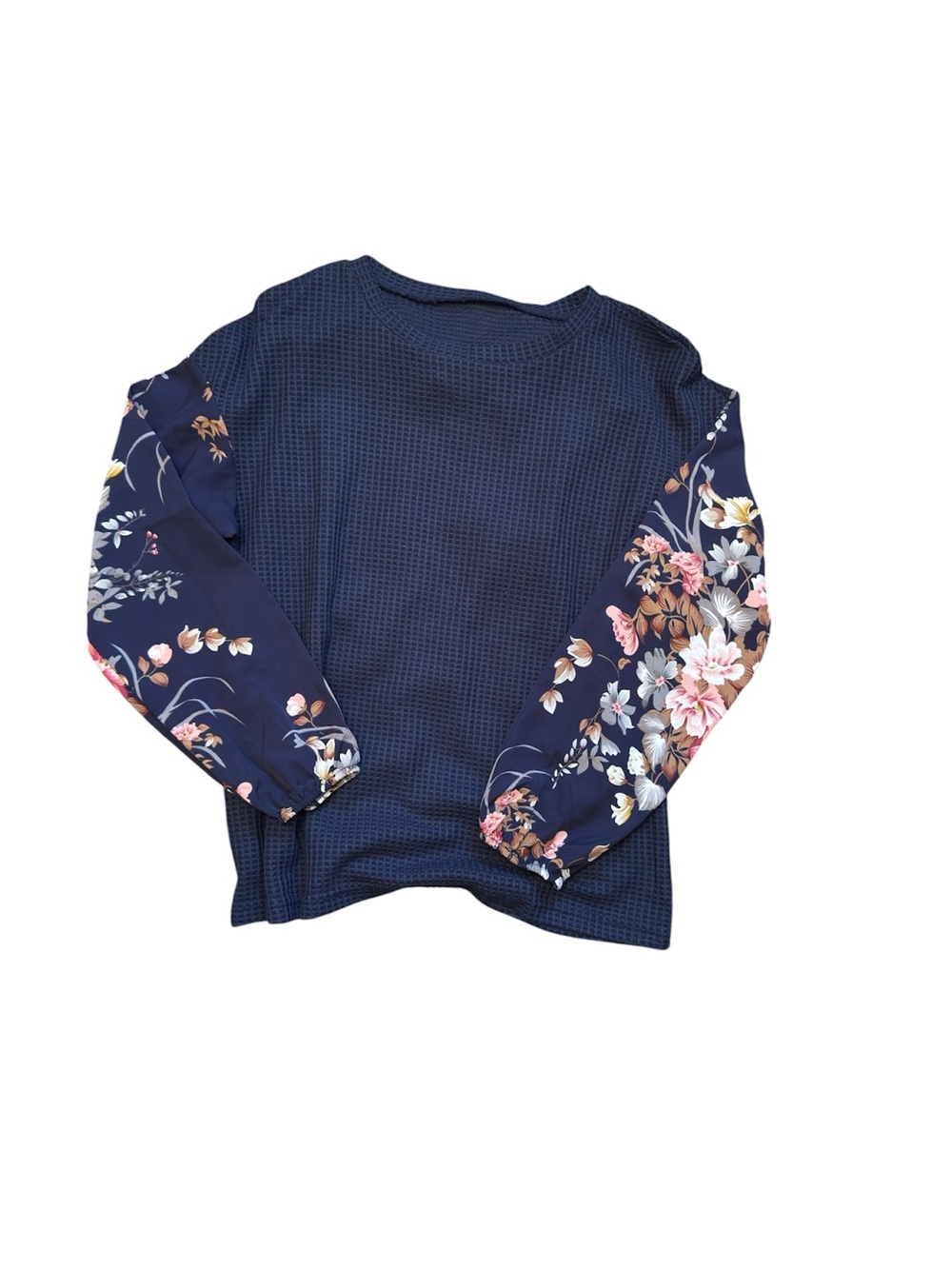 Navy Floral-Sleeve Waffle Knit Pullover Top
